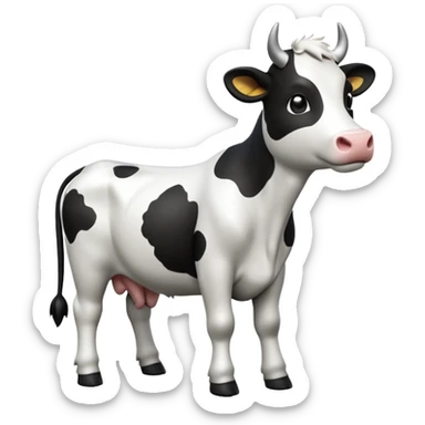 cinematic-[cow]-realistic-full-body-standing-emoji,-tail-flicking-lazily,-head-tilted-dramatically,-sleek-[black and white]-fur,-simplified-yet-realistic-focused-features,-highly-detailed,-glowing-with-an-almost-sarcastic-glow sticker