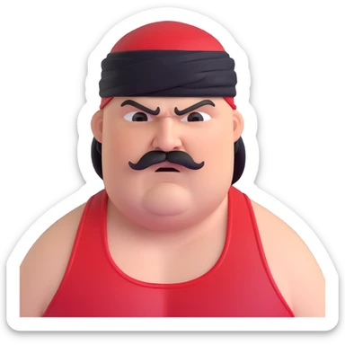 Close-up of extremely fat white skin guy with young face, prominent BLACK DURAG tied clearly on head, distinct black beard and mustache, no muscle, black eyes in a red and black wrestling singlet with angry face sticker