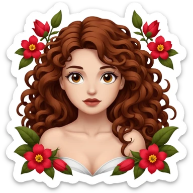 portrait woman long curly brown hair brown eyes white skin tattoos muscular build inside flower petals frame sticker