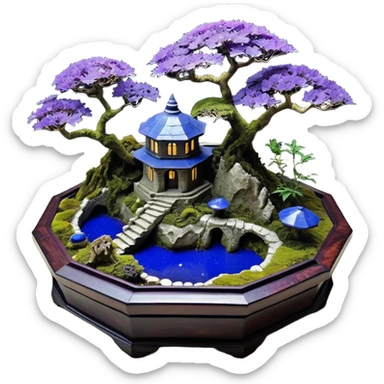  Ancient saucer-castle-house jungle winding trail mountainside getaway haunted nighttime landscape antique mudman very old broken cracked intricately detailed Stone Age lapis-crusted irregular dodecagon-shaped shallow dark moss rough bark violet flowered maple bonsai Saikei coffee table-sized pot  sticker