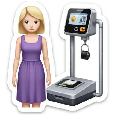 women is standing on weight check machine and she is sad because his weight is not ganaing showing weight also sticker