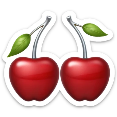 A pair of cherries emoji made of polished silver chrome, smooth rounded shapes, glossy metallic finish, soft highlights and reflections, cute proportions, iOS emoji style, centered, clean white background, no text sticker