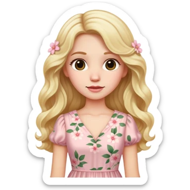 White skin lady with blonde long wavy hair whit a light pink cute flowered dress  sticker