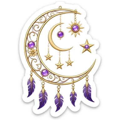 Epic beautiful gorgeous cute gold suncatcher, threads with shiny sparkly amethyst gemstones, flowers, crescents-moons, stars, violet Feather sticker
