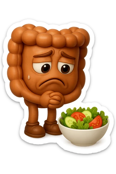 EMOJI STILE IPHONE DI UN INTESTINO UMANO ANATOMICO CHE GUARDA UN INSALATA CON ESPRESSIONE TRISTE E RASSEGNATA IN VOLTO: SOFFRE LA FAME PERCHé è A DIETA, FAGLI ANCHE LA PARTE BIANCA DEGLI OCCHI, NON SOLO LE PUPILLE, IPERREALISTICO 4K sticker