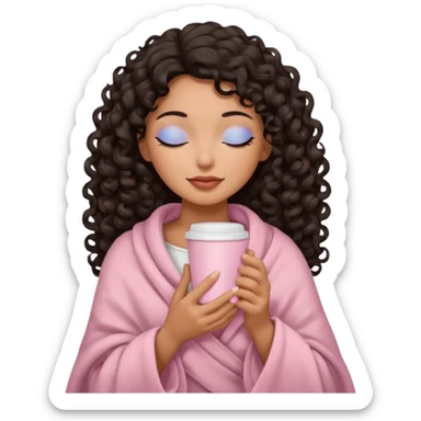 hispanic woman, deep tan skin, black long 3b curls, closed eyes, feminine face, holding soft pink coffee cup with beige blanket over shoulders sticker