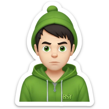 Create an avatar of white European with dark hair  male in hoodie with ``BST`` letters on it. Make background to look like from movie Grinch sticker