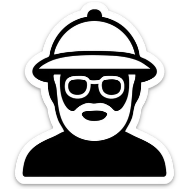 An elderly man with white hair and beard, wearing glasses and a yellow explorer hat sticker