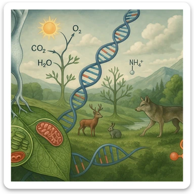 A panoramic scientific illustration merging all key biology topics for grades 11-12 into one continuous ecosystem scene, ultra-realistic style: In the foreground, a neuron (neurobiology) synapses with a leaf's vascular system (applied biology). The leaf undergoes photosynthesis (energy conversion) while revealing microscopic views of chloroplasts and mitochondria. Its DNA strands (molecular genetics) morph into a phylogenetic tree (evolution) that forms the landscape. In the background, a balanced ecosystem (ecology) shows predator-prey dynamics and nutrient cycling. All elements flow together organically through biological connections - no artificial borders, labels, or sections. Color palette: natural greens/blues with molecular structures in accurate scientific colors (red ATP, blue DNA). Style: National Geographic scientific realism with macro-to-micro transitions. sticker