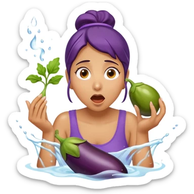 surprised woman eating an eggplant, eggplant squirting a stream of water, expressive face sticker