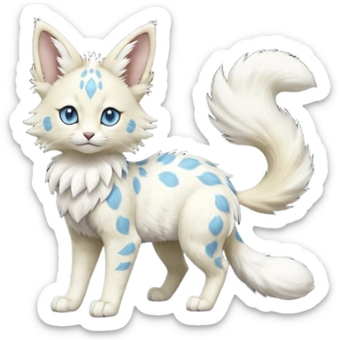 Albino-white, blue-eyed soft natural realistic romantic vintage antique divine beautiful elegant pretty precious cute young youthful  Fakémon-Pokémon-feline-Zeraora-Jolteon-serval-caracal-chinchilla-Minccino-Cinccino-Meowstic-rodent-hybrid-creature with a big fluffy bushy tail (full body) sticker