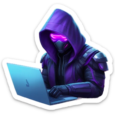Hacker behind his laptop with this style : crysis Cyberpunk Valorant neon glowing bright purple character purple violet black hooded assassin themed character sticker