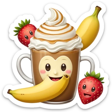 Coffee with caramel, whipped cream, one big  pealed banana sticking out of it with two strawberry’s sticking out of the base of the banana with whipped cream and caramel on the tip of the banana in a happy face on the glass with a wink sticker
