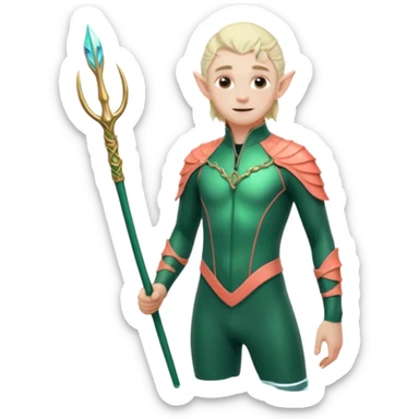 male elf in iridescent wetsuit, coral staff Gills on neck legolas sticker