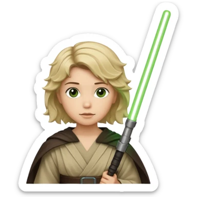 Young jedi with sandy blonde wavy short hair holding a green light saber, he has dark brown eyes sticker