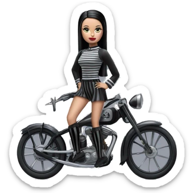 Jeffery New York Lingerie Barbie Wednesday Addams from academy in vertically striped gray and black outfit. riding hot rod bikes with crows sticker