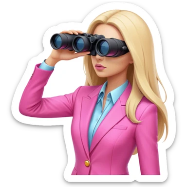 futuristic-looking woman with long hair in an intensive color pink suit looking through binoculars, viewed from an angled perspective. sticker
