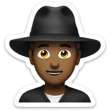 A person standing normal without any expresion and have a big black hat sticker