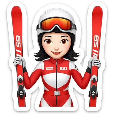 Ski racer woman red white dress with the name STEPHANIE on the dress the name HEAD on the skis, black hair, smile sticker