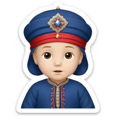  Caucasian baby boy dressed in a dark blue ghalibiya with delicate decorations with a Red Moracain hat  sticker