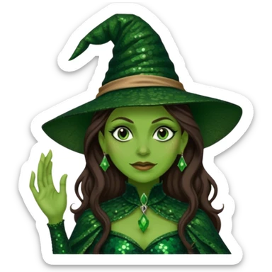Elphaba, Wicked Witch of the West from The Wizard of Oz with long brown hair, dark green sequin outfit, green skin sticker