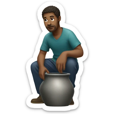 a man crouching on a pot sticker