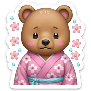 A cute light-brown bear wearing a pastel pink sakura-patterned kimono, normal balanced body ratio.  
Crying heavily with big teardrops streaming down the face, trembling lips and watery eyes.  
Kawaii emoji style, minimalistic clean sticker illustration, white background. sticker