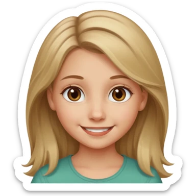 A smiling young girl with long dirty blonde hair and hazel green and brown eyes sticker