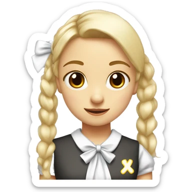 Draw a blonde schoolgirl with fringes and a high ponytail with a big white bow. the girl has red eyes and smiles wryly sticker