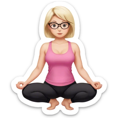 view from quarter angle, fair skinned woman, thick milf, short blond hair, small reading glasses, squatting down in kitchen, pink loose tank top, showing natural B cup breast shape SFW, black yoga pants, large curvy booty sticker