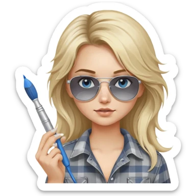 girl with long blond messy hair, wearing grey plaid shirt with blue eyes and aviator sunglasses wearing a ring on her silver necklace, holding a paint brush roller with a small bit of white paint on her face sticker