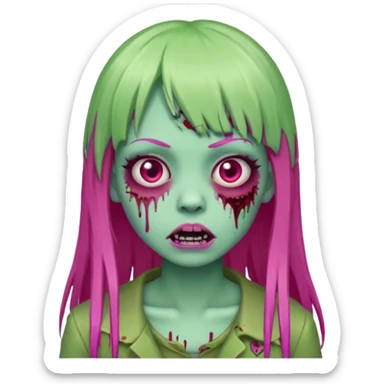 Create a female zombie emoji with long, straight hair in hot pink and bangs. sticker