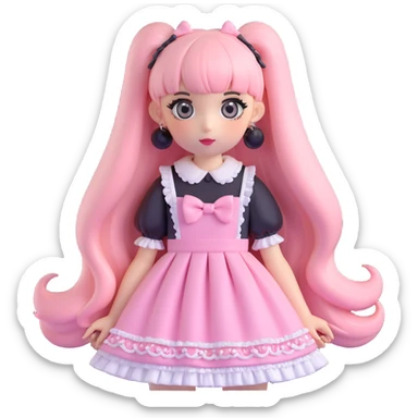 pale girl with straight long black and baby pink swirled hair with bangs, grey eyes, doll-like makeup, wearing a light pink lolita hime gyaru dress, 3D emoji style sticker