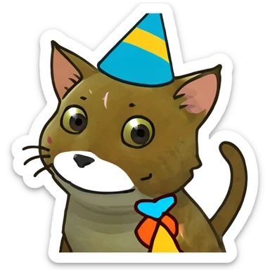 ginger tabby kitten at a birthday party, smiling, with cake, balloons, and wrapped gifts sticker