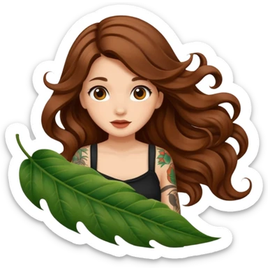 cute woman long wavy brown hair tattoos sliding down leaf sticker