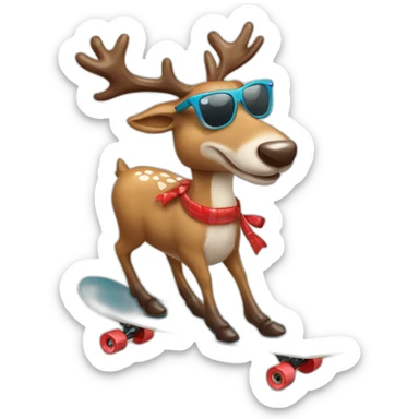 Stylish Reindeer wearing sunglasses delivering Christmas gift on skateboard sticker