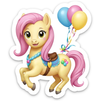 fluttershy mlp holding colorful balloons tied to its saddle, looking cheerful. sticker