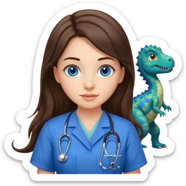 pretty brunette nurse with long hair and blue eyes in dinosaur pattern scrubs sticker