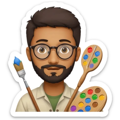 generate an ios genmoji of a 20 year old tan indian boy with rounded spectacles and a whaler beard, carrying a paintbrush and palette sticker