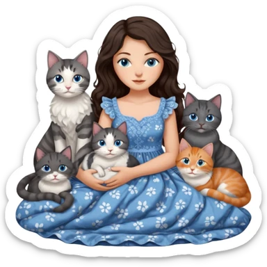 detailed realistic looking a dark grey and white cat regally laying with six other cats, cuddling with their owner in bed who is a pretty bratz lightly tanned white girl with long dark brown hair, blue eyes and gorgeous long wavy hair wearing a pretty detailed dress sticker