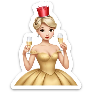 Cinematic Realistic Cinderella Portrait, depicted with lifelike skin texture, subtle rosy undertones, and soft natural lighting that enhances the gentle contours of her face. Her intricately detailed golden blonde hair is elegantly styled in an updo, with delicate wisps framing her face for added realism. Her deep, expressive blue eyes radiate warmth and sincerity, reflecting a quiet resilience and grace. She is dressed in her iconic ball gown, the fabric shimmering with intricate embroidery and fine translucent layers that catch the light beautifully. The soft sheen of satin gloves and the delicate sparkle of a glass-like slipper peeking from beneath her dress add a touch of magical realism. The portrait features an enchanting glow with a natural, luminous finish, seamlessly blending realism and fairytale charm to evoke a sense of depth, elegance, and timeless beauty. sticker