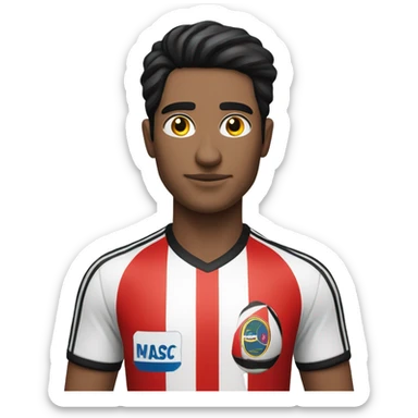 A  man with a shirt with red, black and white stripes (the man has black hair and white skin são Paulo FC of Brazil shirt sticker