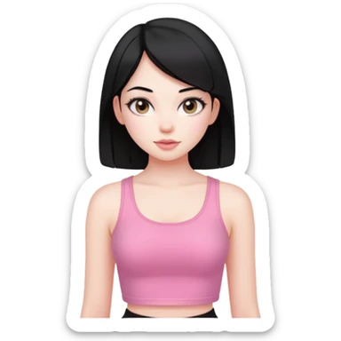 Cute girl with black hair straight with pale skin and with pink crop top coquette sticker