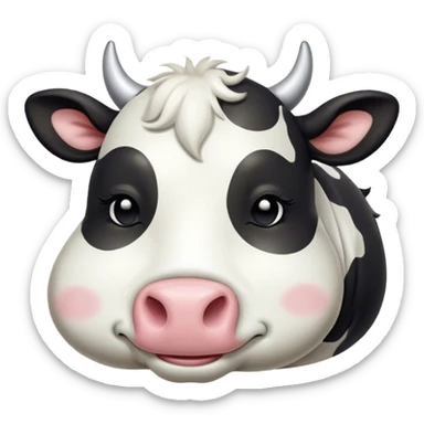 Meme-Worthy Cute Sleeping Black and White Cow Portrait Emoji, Head resting peacefully with a contented smile, showcasing a robust build and a luxuriously soft contrasting coat of black and white, eyes shut in a serene, restful nap, Simplified yet hilariously adorable features, highly detailed, glowing with a soft, drowsy light, high shine, relaxed and utterly lovable, stylized with an air of playful laziness, bright and heartwarming, soft glowing outline, capturing the essence of a comically sleepy cow, so meme-worthy it feels like it could instantly become the next viral sensation of adorable slumber! sticker