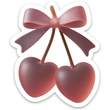 3D iOS-style illustration of two pink cherries with a pink bow, glossy and realistic, soft lighting, no background, in matte glass style. sticker
