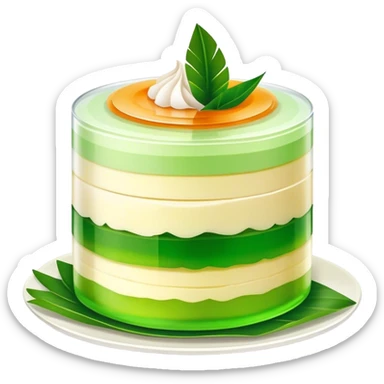 Coconut Pandan Jelly Cinematic Realistic Coconut Pandan Jelly Dessert Emoji, depicted as a layered jelly with distinct strata of coconut and pandan flavors, rendered with delicate textures and vibrant, tropical lighting. sticker