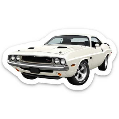 Solid white 1971 Dodge Challenger viewed from 30-degree angle, showcasing front grille and side profile, completely white paint job, Death Proof movie car, iOS emoji style sticker