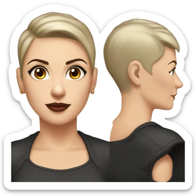 white woman in her forties brown eyes shaved hair on one side black short hair on other side upturned nose black tanker tattoo on the shoulders sticker