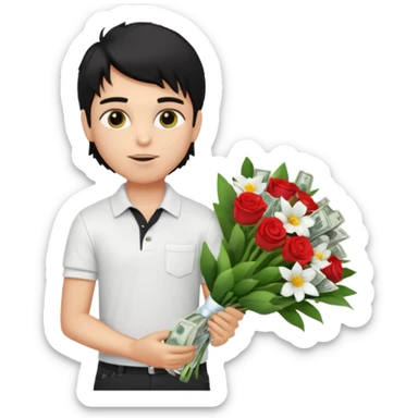 generate a pretty fair bratz boy with a messy mullet (black hair), wearing a white polo.  carrying a bouquet made of money. expensive car behind him sticker