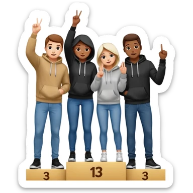 three people black and white in jeans and hoodies on a winners podium with no numbers middle step higher center person holds up one finger on each hand bright cheerful expressive emoji illustration sticker